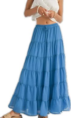 Maxi Skirt Blue, Simple Tank Tops, Colorado Outfits, Feminine Skirt, Loungewear Dresses, Funky Shoes, Tiered Maxi Skirt, Flowy Pants, Dreamy Dress