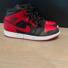 Size 8 100% Authentic Fire Shoes, Nike Shoes Air, Shoes Air, Air Jordan 1 Mid, Jordan 1 Mid, Air Jordan 1, Mens Shoes Sneakers, Men's Nike, Red And Black