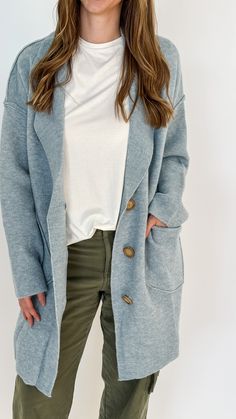 This luxurious light blue cardigan features an oversized fit and convenient pockets, elevating any outfit with its elegant and cozy appeal. Miranda is wearing a size Medium Light Blue Cardigan, Flannel Men, Capri Set, Bamboo Pajamas, Loungewear Luxury, Blue Cardigan, Plus Size Shopping, Loungewear Sets, Mens Plus Size