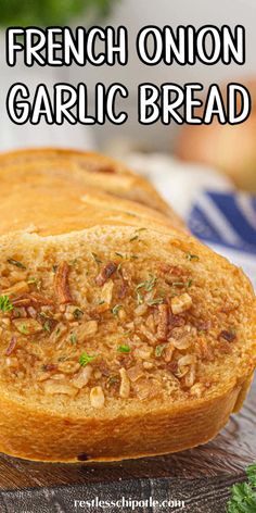 This homemade French Onion Garlic Bread is loaded with caramelized onions and gooey cheese. It's so easy to make—a must-try for any garlic bread lover. Follow for more great recipes! Cranberry Sauce Crockpot, Onion Garlic Bread, Cloverleaf Rolls Recipe, Rustic Italian Bread, Christmas Breakfast Casserole, Sausage Potato Soup, Thanksgiving Pie Recipes, Thanksgiving Pies, Baked Garlic