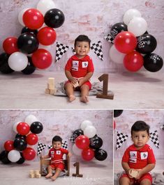 a little boy sitting in front of balloons and posing for his first birthday photo session