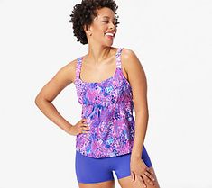 Make a splash in this fabulous tankini set. The printed top is flattering for any figure, while the bike shorts offer practical coverage so you can focus on the fun. Whether you're headed to the pool or the beach, it's the swimwear style you'll reach for again and again. From Kim Gravel x Swimsuits For All. Summer Beachwear Tankini With Built-in Shorts, Beachwear Tankini For Workout During Beach Season, Workout Stretch Tankini With Built-in Shorts, Summer Sports Tankini With Built-in Shorts, Sporty Fitted Tankini With Built-in Shorts, Sporty Tankini For Spring Vacation, Sporty Spring Vacation Tankini, Fitted Moisture-wicking Tops For Summer, Spring Sports Swimwear With Upf 50+