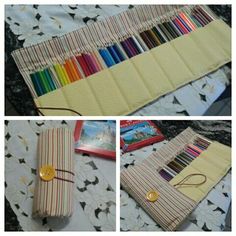 there are several pictures of different colored pencils in this box and on the table