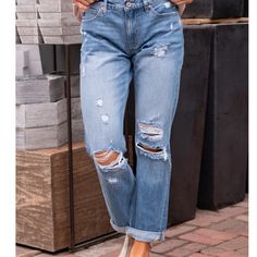 These Mid-Rise Boyfriend Jeans Hit At Exactly The Right Spot On Your Waist And With Some Spandex, These Will Stretch As You Wear And Get Super Comfy! Color: Medium Blue Wash Cut: Cuffed Boyfriend, 27" Inseam* Rise: Mid-Rise, 9.25" Front Rise* 100% Cotton, Rigid Denim Stitching: Classic Fly: Zipper Style #: Kc8654m Mom Ripped Jeans, Denim Stitching, Womens Boyfriend Jeans, High Rise Boyfriend Jeans, Dark Grey Jeans, Kancan Jeans, Ripped Boyfriend Jeans, Boyfriend Fit Jeans, Boyfriend Denim