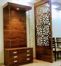 a room divider made out of wood and metal with an intricate design on it