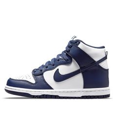 Sail the seas in style with these new Nike Dunks. The classic 'Midnight Navy' Villanova colorway is back and better than ever in these fresh new kicks. The build is true to the original, with a white leather upper, navy overlays, and iconic Nike Swoosh. A comfortable high-cut collar and nylon tongue finish off this easy-to-wear sneaker. You'll love the two-tone look of the white midsole and navy rubber outsole. Whether you're hitting the court or just hitting the town, these shoes are sure to make a statement. Add them to your collection today. (SNKR/Retro/Skate/Casual/High Top) Navy High-top Basketball Shoes With Rubber Sole, High-top Navy Basketball Shoes With Rubber Sole, Navy High-top Sneakers For Streetwear, Navy Sporty High-top Sneakers For Streetwear, Navy Basketball Shoes With Rubber Sole, Navy Basketball Shoes With Rubber Sole For Sports, Navy High-top Skate Shoes With Rubber Sole, Navy Cushioned Basketball Shoes For Streetwear, Casual Navy Low-top Basketball Shoes