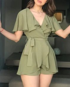 Lasaky - Frill Sleeve Tied Ruffle Hem Playsuit Chic Short Sleeve Jumpsuits And Rompers, Short Jumpsuit With Corset, Luxury Chic Suspender Dress For Spring, Dress Shirt Romper, Green Outfits For Women, Playsuits Outfit, Frill Sleeves, Classy Casual Outfits, Romper Outfit