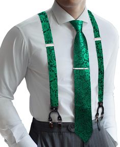 PRICES MAY VARY. HIGH-QUALITY SILK-Fabric soft and comfortable,content rich,1*Suspender +1*Tie+1*Pocket Square+ 2*Cufflinks+a free clip,different color for you to choice,an essential accessory for a man's wardrobe. SIZE-Suspender:1.4*59inches(3.5*150cm).BowTie:4.7*2.4inches(12*6cm),Adjustable according to neck-size:11-19inches(28cm-48cm),And its length is adjustable and could fit for the body shape of most customers. Special Clips Design: Y type suspender with 6 metal strong clips can help to ke Party Suit And Tie Accessories With Adjustable Ties, Elegant Green Adjustable Suit And Tie Accessories, Necktie Set, Suspenders Men, Suspenders Set, Red Paisley, Tie Set, Men's Wardrobe, Trouser Suits