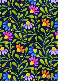 colorful flowers and leaves are painted on a dark blue background