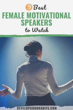 a woman standing in front of a microphone with the words best female motivation speakers to watch