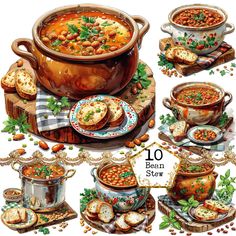 a painting of beans stew with bread and vegetables