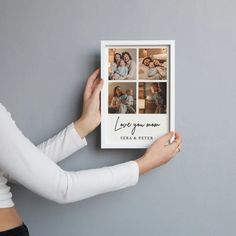 a woman holding up a photo frame with four photos on it and the words love you mom written in cursive writing