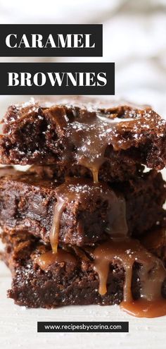 chocolate caramel brownies stacked on top of each other