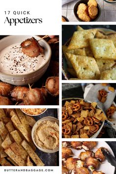 different types of appetizers are shown in this collage