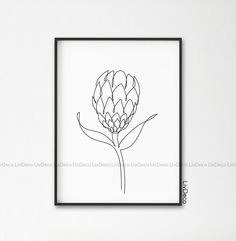 a black and white drawing of a flower in a frame on the wall next to a plant