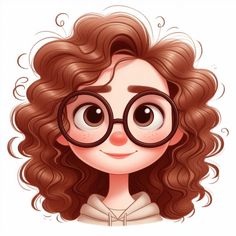 a cartoon girl with glasses on her head and curly hair is smiling at the camera