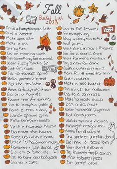 a handwritten fall list with pumpkins and other things to write in it on paper