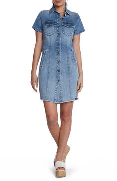 This casual-cool jean dress is designed with abbreviated sleeves and a feathery frayed hem. 35 1/2" front length; 36 1/2" back length Front button closure Spread collar Short sleeves 96% cotton, 3% polyester, 1% spandex Machine wash, tumble dry Imported Jean Dress, Nordstrom Dresses, Jeans Dress, Denim Dress, Lab, Short Sleeves, Nordstrom, Size Medium, Spandex