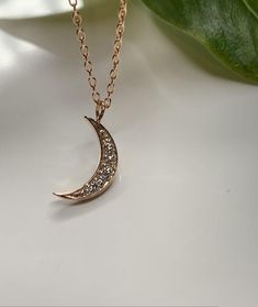 Dainty Diamond Moon Necklace  Pendant in 14k rose gold.This necklace is perfect by itself or or layered. You can wear it day or night. This necklace is versatile and perfect as a gift. Effortlessly trendy and beautiful!Metal.......14k Rose gold Pure gold /  Finish.... polish Necklace.....Handmade in USA Diamond weight......0.10CTG - VS1 quality *14k rose  gold chain included *Chain sizes Available.. 16”, 18” , 20 inches long Elegant 14k Gold Moon Charm Necklace, Elegant Crescent Charm Necklace With Delicate Chain, Elegant Moon Shape Clavicle Chain Necklace, Elegant Everyday Crescent Charm Necklace, Elegant Moon-shaped Necklace With Delicate Chain, Rose Gold Necklace With Round Moon Charm Pendant, 14k Rose Gold Necklace, Minimalist 14k Rose Gold Necklace, Rose Gold Crescent Necklace With Moon Charm