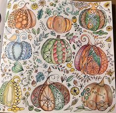 a coloring book with pumpkins and leaves on it