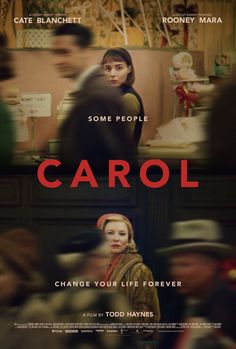 the movie carol is shown in red and black, with many people standing around it