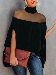 Loose Plain Turtleneck Elegant Blouse | stylewe Black Sheer Non-stretch Top, Giacca In Tweed, Alledaagse Outfit, Cape Blouse, Cape Tops, Going Out Shirts, High Neck Blouse, Mesh Blouse, Elegant Blouses