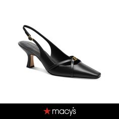 in stock Elegant Coach Pointed Toe Heels, Designer Black Slingback Pumps For Work, Elegant Coach Heels For Office, Elegant Coach Heels For The Office, Classic Coach Heels For Spring, Designer Black Slingback Sandals For Spring, Elegant Coach Heels For Formal Occasions, Luxury Coach Evening Heels, Elegant Leather Slingback Sandals For Night Out