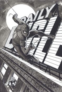 the amazing spider - man is flying over an urban building in this black and white drawing