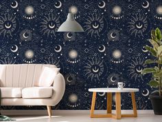 Athena Beige Sofa with White Coffee Table and Large Green Plant Different Moon Phases, Constellations Wallpaper, Sky Of Stars, Celestial Wallpaper, Kids Bedroom Wallpaper, Stars And Constellations, Mykonos Blue, Wallpaper Textured, Dining Room Wallpaper