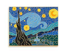 the starry night is depicted in this handmade tile art piece, which features an image of a castle on top of a hill