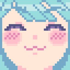 the face of a woman with pink cheeks and blue eyes is depicted in pixel art