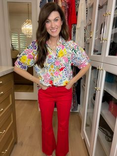 Bring a pop of color and a little whimsy to your closet with the Best and Brightest Floral Top. This easy-fit top showcases a playful floral print, collared neckline, and puffed sleeves. Pair it with your colored denim (or traditional blue denim) for a fun and versatile look. Perfect for teachers and office gals, this every day top is sure to help you stand out from the crowd. Top measures 24" in length. Bust measures 22" from underarm seam to seam. Measurements taken on a small. Fabric has no s Deodorant Stains, Scarf Hat, Scarf Jewelry, Puffed Sleeves, Colored Denim, Floral Top, Hat Hairstyles, Sales Gifts, Workout Tops