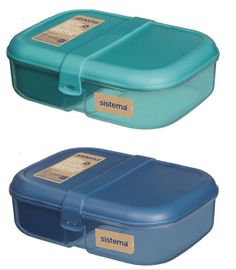 two plastic containers with lids and labels on them