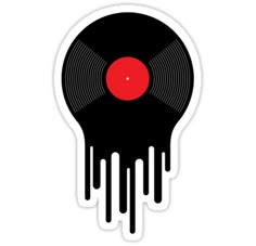 a black and red vinyl record sticker with dripping paint on the bottom, in front of a white background