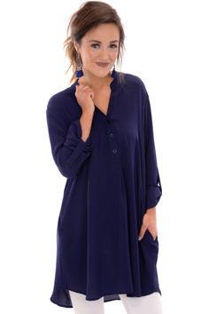 Tiffany Crepe Tunic, Navy :: NEW ARRIVALS :: The Blue Door Boutique Casual Buttoned Tunic For Work, V-neck Tunic For Work In Fall, Long Sleeve Buttoned Tunic For Workwear, Long Sleeve Tunic With Buttons For Work, Fall Button-up Casual Tunic, Casual Fall Tunic With Buttons, Casual Fall Tunic For Workwear, Fall Daywear Tunic With Shirttail Hem, Blue Door