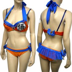 two female mannequins wearing swimsuits with blue and orange trimming