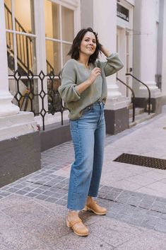 Work Outfit With Clogs, Wedge Clogs Outfit, Wood Clogs Outfit, Classic Fall Transition Outfits, Heeled Clogs Outfit Fall, Wide Leg Jeans With Clogs, Wfh Outfits Fall