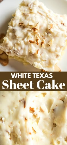 white texas sheet cake with cream cheese frosting and pecans in the middle on a plate