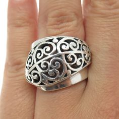 Great vintage condition.  925 Sterling Silver Vintage Modernist Floral Scroll Ring Size 7  Weight: 15.7g   WELCOME TO PAWN SHOP We are an actual pawn shop and have been in business for over 25 years. Since 1990, our establishment has been serving a variety of clients by providing them with short term cash solutions and options of liquidity regarding their treasured heirlooms. Acknowledging that today′s customers are very sophisticated and are looking for a variety of investments, our acquisition Vintage Wide Band Jewelry Stamped 925, Vintage Sterling Silver Wide Band Jewelry, Vintage Round Filigree Ring With Oxidized Finish, Vintage Wide Band Ring Stamped 925, Vintage Engraved Ring With Oxidized Finish For Anniversary, Vintage Silver Engraved Wide Band Ring, Vintage Oxidized Engraved Ring For Anniversary, Vintage Silver Filigree Ring With Oxidized Finish, Vintage Oval Ring With Oxidized Finish