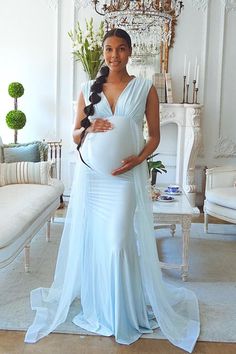 Metallic Blue Baby Shower Gown with drape Neckline, Pregnant Guest Outfit – Chic Bump Club Elegant V-neck Maternity Gown, Princess Style Floor-length Gown With Sweep Train, Ethereal Floor-length Prom Gown, Ethereal Gown With Fitted Bodice, Fitted Ethereal Floor-length Maxi Dress, Ethereal Fitted Floor-length Maxi Dress, Ethereal Fitted Maxi Dress For Party, Ethereal Floor-length Gown With Fitted Bodice, Ethereal Fitted Floor-length Gown