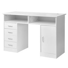 a white desk with two drawers and a cabinet