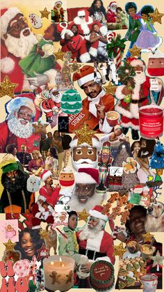 a collage of christmas pictures with santa claus and other holiday items on it's side