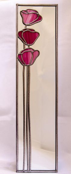 three pink flowers sitting in front of a glass frame on a white background with the reflection of it's petals