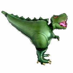 an inflatable green dinosaur balloon flying through the air