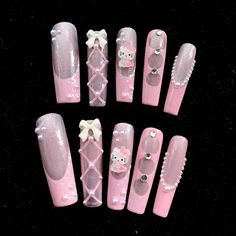 Bring out your playful side with this adorable set of pink and glitter press-on nails, featuring a cute kitty charm, 3D bows, pearls, and rhinestone accents. The combination of glossy pink, glitter details, and unique 3D embellishments creates a fun yet chic look, perfect for adding a touch of cuteness to any occasion. The criss-cross pearl lattice design adds an extra layer of charm, making this set ideal for those who love creative and detailed nail art. These reusable, long press-on nails are Pink Charm Nails, Pink Rhinestone Nails, Pink And Glitter, Long Press On Nails, Nails 3d, Glossier Pink, Lattice Design, Cute Nail Art, Charm Making