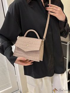 BirdinBag - Studded Crocodile Flap Bag - Polyester Square with Embossed Design Embossed Design, Style Preppy, Word Wrap, Bag Bag, Square Bag, Flap Bag, Emboss, Polyester Material, Top Handle