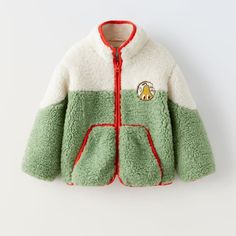 Nwt Zara Kids Embroidered Avocado Faux Shearling Jacket Cute White Outerwear For Fall, White Sherpa Fleece Jacket With Fleece Lining, Cozy White Patchwork Outerwear, Warm White Outerwear For Spring, Cute White Outerwear With Fleece Lining, Cute Warm White Outerwear, White Sherpa Fleece Jacket For Winter, White Sherpa Fleece Jacket With Pockets, White Embroidered Hooded Outerwear