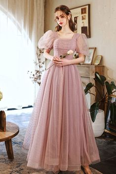 Modest Tulle Prom Dress, Square Neck Prom Dress, Dusty Pink Dresses, Halter Prom Dresses, Pink Square, Prom Dresses Modest, Pleated Top, Pink Gowns, Prom Dresses With Sleeves