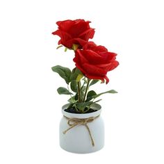 two red roses are in a white vase