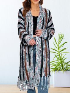 Women's Retro Boho Cardigan Tassel Knitted Sweater Cardigan Jacket Black Bohemian Knit Cardigan, Bohemian Soft Knit Cardigan For Spring, Bohemian Soft Knit Sweater For Fall, Bohemian Fall Soft Knit Sweater, Spring Bohemian Soft Knit Cardigan, Fall Bohemian Soft Knit Sweater, Multicolor Knit Cardigan For Fall, Multicolor Soft Knit Cardigan For Fall, Trendy Open Knit Fall Outerwear